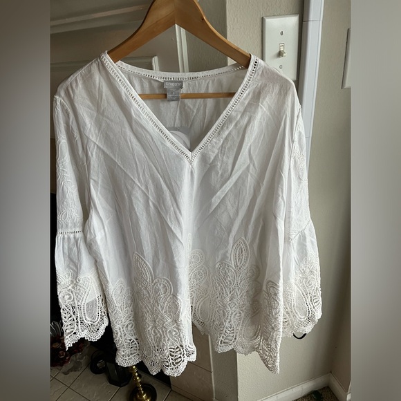 NWT Chico's Embroidered Lace Cutout Top white cotton blouse size3 vneckpullover - Picture 2 of 8